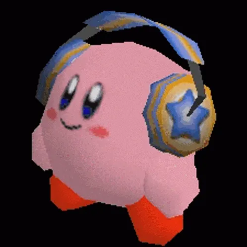 An animated gif of Kirby listening to music.